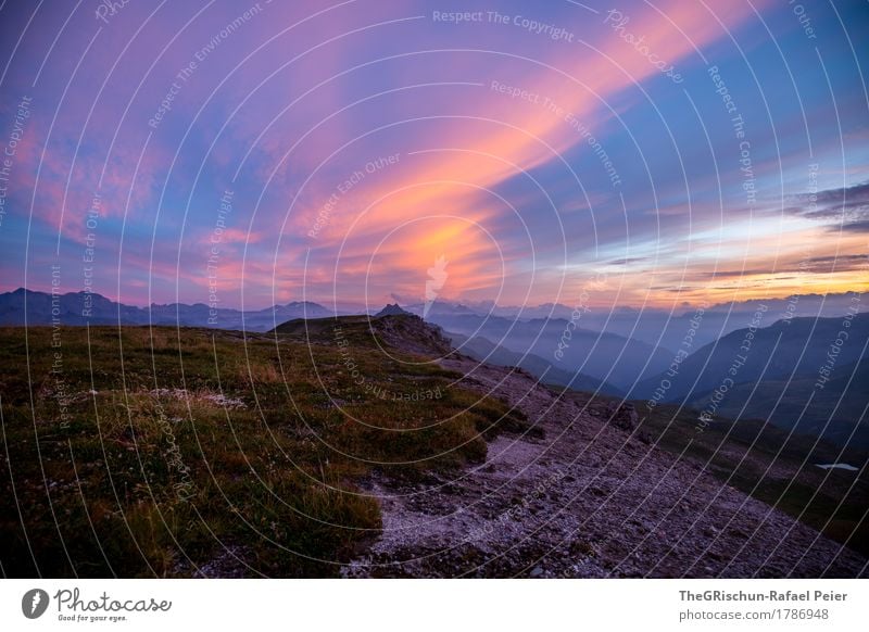 Stimmung in den Bergen Umwelt Natur Landschaft blau braun gelb gold violett orange rosa Abenddämmerung Wolken Schweiz Berge u. Gebirge Gras Felsen Außenaufnahme