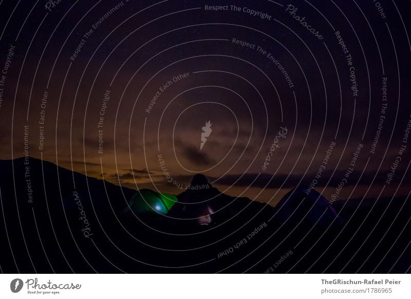 Nachtruhe Umwelt Natur braun gold grün orange Zelt schlafen Berge u. Gebirge Außenaufnahme kalt Wolken Himmel Ferne Silhouette Licht Menschenleer