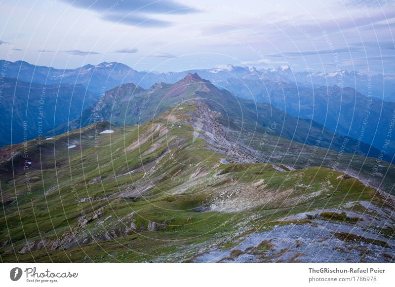 Morgenstund hat Gold im Mund Umwelt Natur Landschaft blau grau grün schwarz weiß Berge u. Gebirge Gras Weide Stein Felsen Wolken Ferne Panorama (Aussicht) Blick