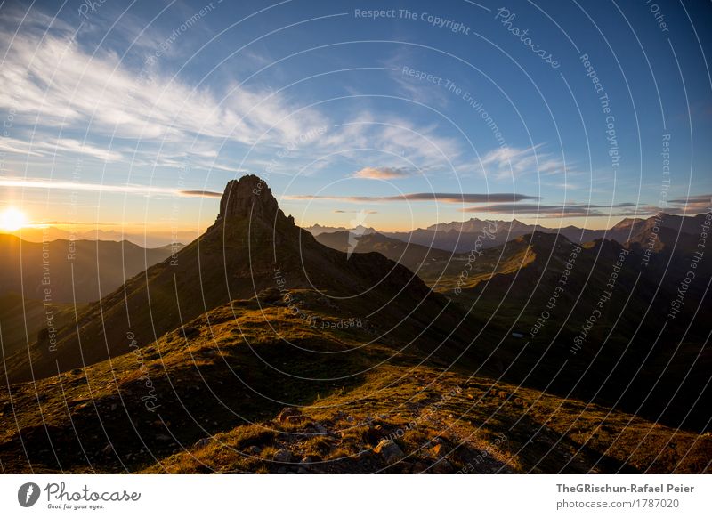 Spitzmeilen Umwelt Natur Landschaft blau braun gelb gold grün Silhouette Berge u. Gebirge Gipfel Format ästhetisch Sonnenaufgang Himmel Außenaufnahme