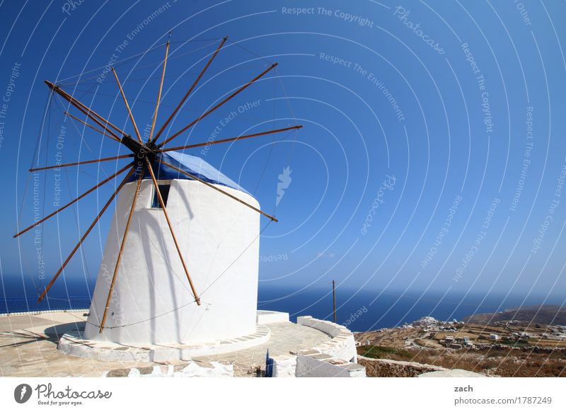 Warten auf Don Quijote Natur Wolkenloser Himmel Schönes Wetter Küste Meer Mittelmeer Ägäis Insel Kykladen Siphnos Sifnos Griechenland Dorf Altstadt Mühle