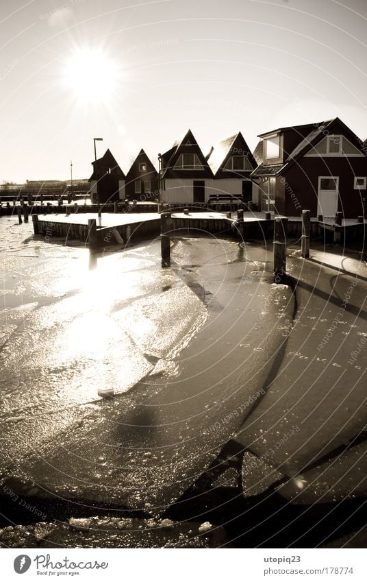 Nah am Wasser gebaut Landschaft Urelemente Sonnenlicht Winter Schönes Wetter Eis Frost Küste Bucht Ostsee See Fischerdorf Menschenleer Hütte ruhig Sehnsucht