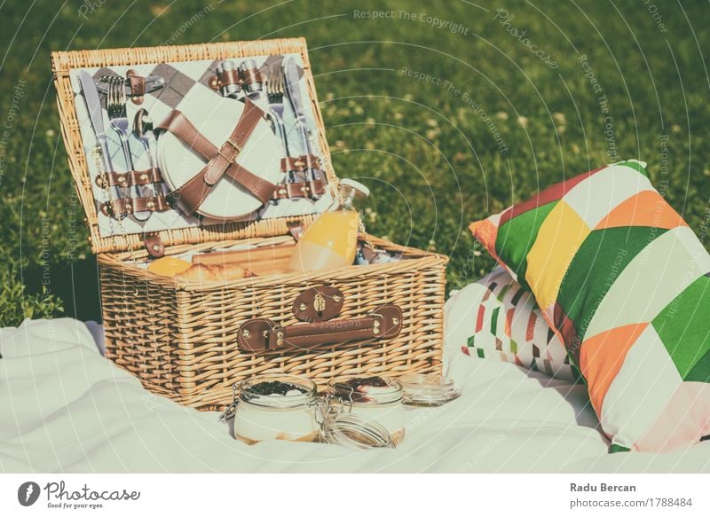 Picknick Korb Essen am Sommertag Lebensmittel Milcherzeugnisse Frucht Orange Marmelade Ernährung Frühstück Mittagessen Saft Teller Besteck Messer Gabel Löffel