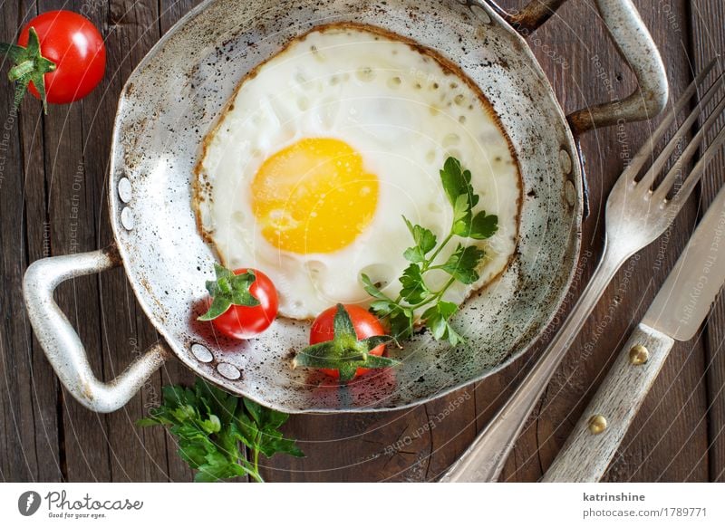 Spiegelei mit Tomaten und Kräutern Gemüse Kräuter & Gewürze Frühstück Abendessen Pfanne frisch grün rot weiß Cholesterin Eierschale Bauernhof braten Mahlzeit