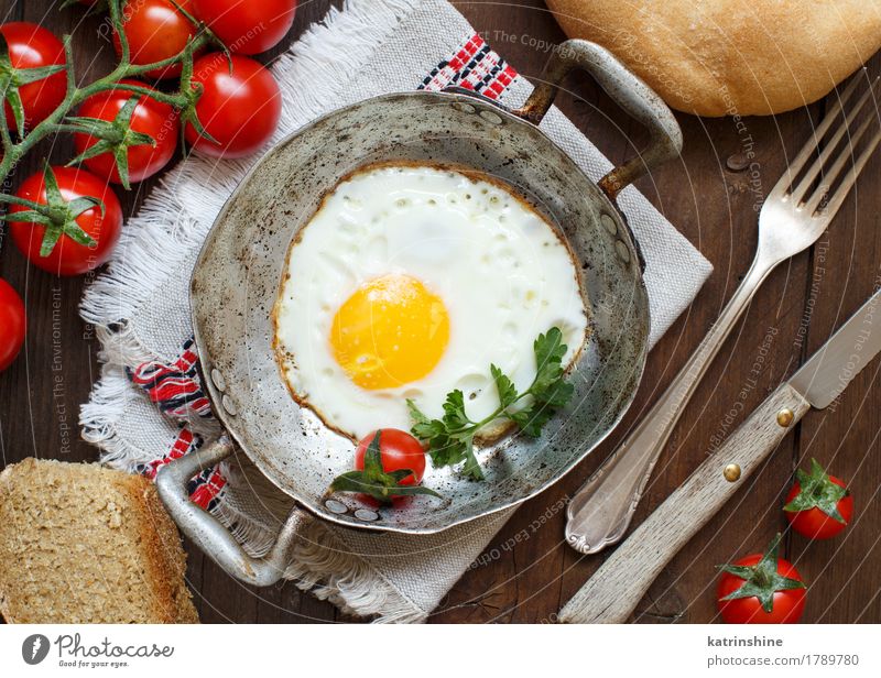 Spiegelei mit Tomaten, hausgemachtem Brot und Kräutern Essen Frühstück Abendessen Pfanne Tisch Holz frisch hell gelb grün Cholesterin braten Mahlzeit Protein