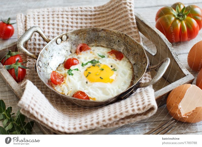 Spiegelei mit Tomaten und Kräutern Lebensmittel Gemüse Ernährung Frühstück Abendessen Pfanne Holz Duft frisch hell gelb grün rot Cholesterin Eierschale braten