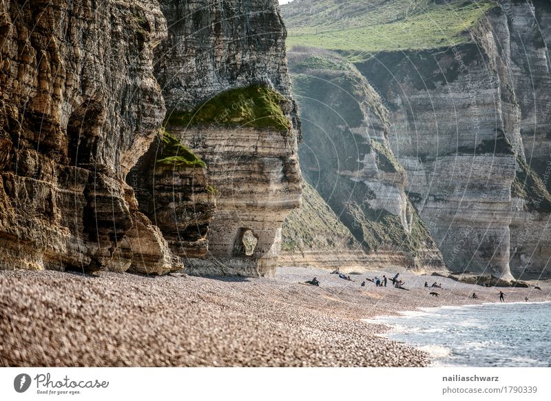 Strand bei Etretat Sommer Umwelt Natur Landschaft Sand Wasser Küste Bucht Meer Atlantik Felsvorsprung Felsen Felsentor Weide gigantisch Unendlichkeit natürlich