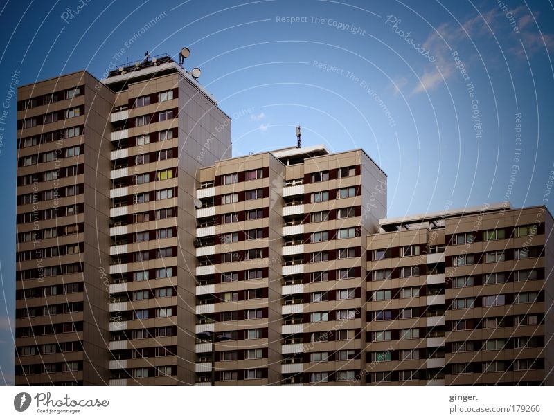 Berliner Plattenbau Hochhaus Gebäude Architektur Mauer Wand Balkon hoch blau braun weiß versetzt Stadt Niveau Fensterfront Blauer Himmel Menschenleer