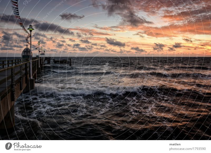 bewegtes Wasser Landschaft Himmel Wolken Horizont Sonnenaufgang Sonnenuntergang Herbst Wetter Schönes Wetter Sturm Wellen Küste Ostsee blau braun gold orange