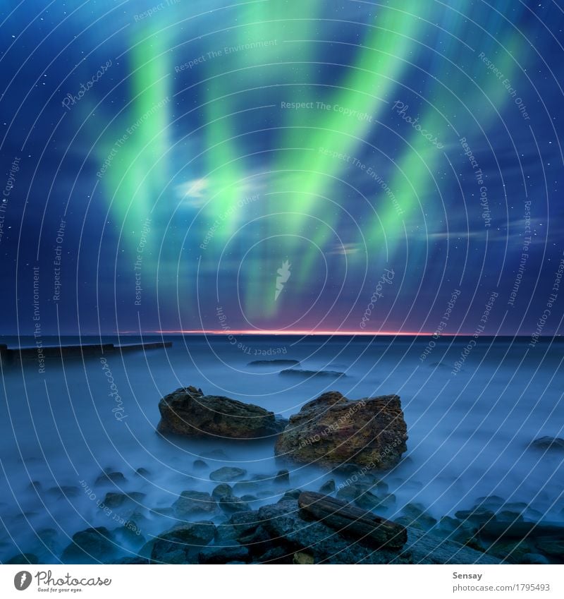 Grünes Aurora Borealis über dem Meer Winter Natur Landschaft Himmel See dunkel hell natürlich grün Farbe nördlich Island borealis Hintergrund Norden Schweden