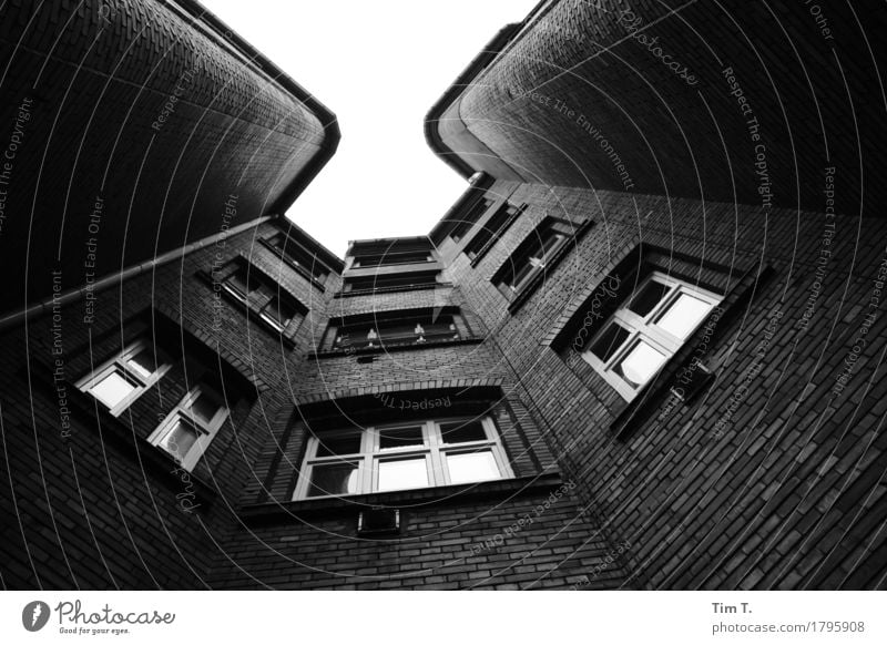 Hinterhof Berlin Berlin-Mitte Stadt Hauptstadt Stadtzentrum Altstadt Menschenleer Haus Fassade Fenster Häusliches Leben Hof Blick nach oben Schwarzweißfoto