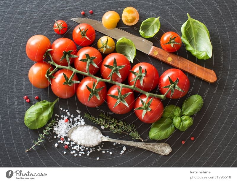 Kirschtomaten, Kräuter und Salz Gemüse Vegetarische Ernährung Diät Flasche Löffel dunkel frisch Gesundheit hell natürlich grün rot Koch Essen zubereiten