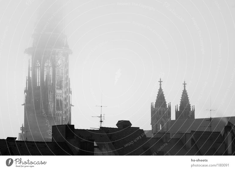 Freiburger Münster Schwarzweißfoto Abend Dämmerung Nacht Totale Blick nach unten schlechtes Wetter Nebel Freiburg im Breisgau Deutschland Stadt Kirche Dom Turm