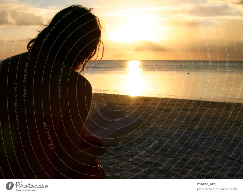 Ein Tag am Meer geht zu ende Farbfoto Außenaufnahme Dämmerung Sonnenlicht Sonnenstrahlen Sonnenaufgang Sonnenuntergang Gegenlicht Halbprofil Blick nach vorn