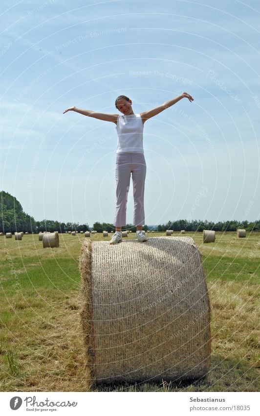 Ein Knuffelchen auf dem Strohlballen Feld Wiese Strohballen Frau Ernte Arme Junge Frau Ganzkörperaufnahme Freisteller Vor hellem Hintergrund Sommer sommerlich