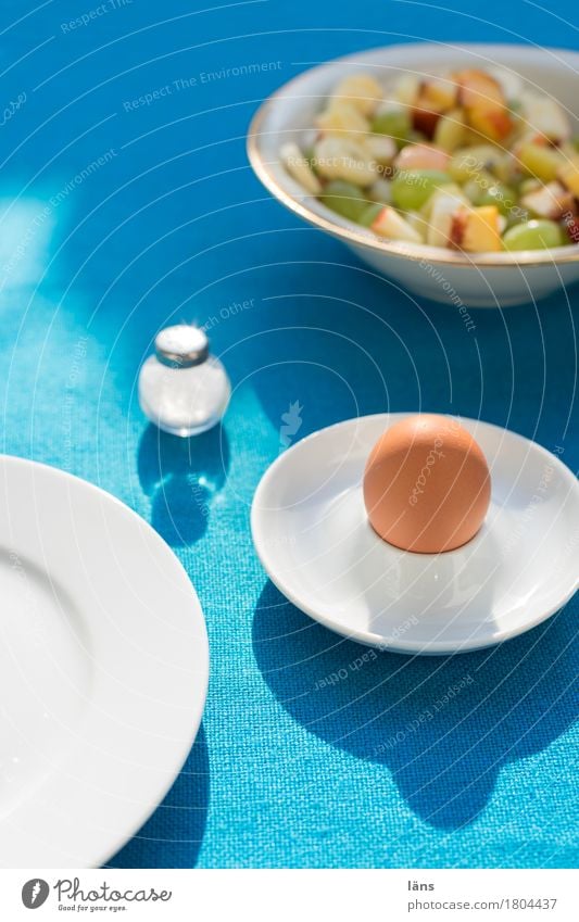 Frühstück Lebensmittel Obstsalat Ei Ernährung Teller Schalen & Schüsseln Salzstreuer Häusliches Leben Wohnung Garten Tisch frisch Gesundheit glänzend lecker