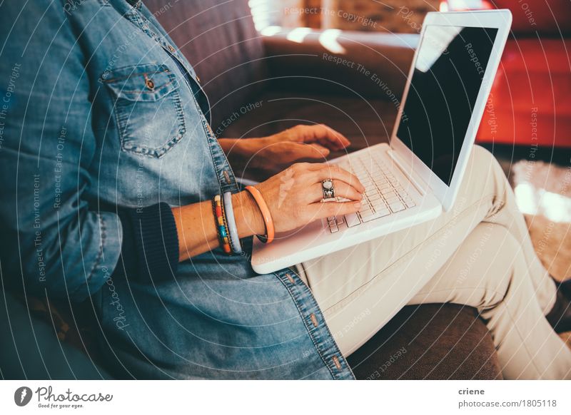 Nahaufnahme von den Frauen, die zu Hause auf Tastatur auf ihrem Laptop schreiben Lifestyle Sofa Wohnzimmer Arbeit & Erwerbstätigkeit Büro Business Computer