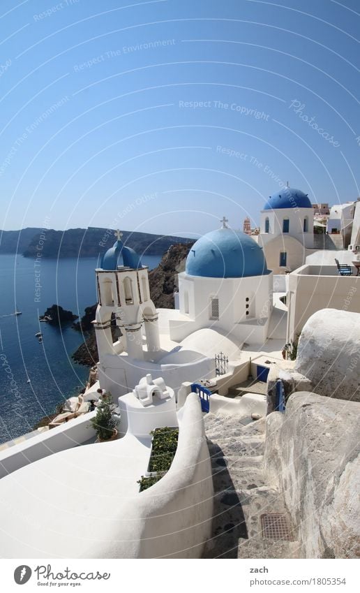 weiß und blau Ferien & Urlaub & Reisen Natur Wasser Wolkenloser Himmel Schönes Wetter Meer Mittelmeer Ägäis Insel Kykladen Santorin Caldera Oia Griechenland