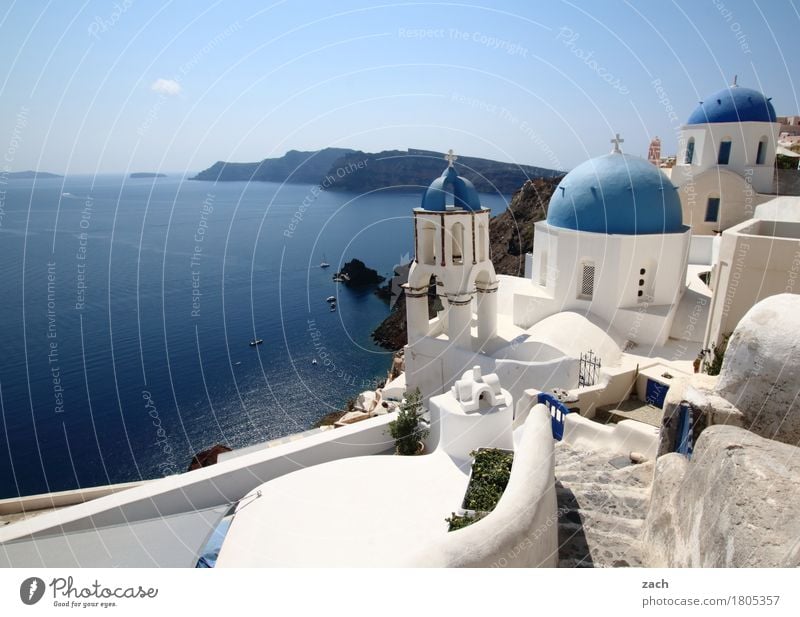 weiß und blau Ferien & Urlaub & Reisen Natur Wasser Wolkenloser Himmel Schönes Wetter Meer Mittelmeer Ägäis Insel Kykladen Santorin Caldera Oia Griechenland