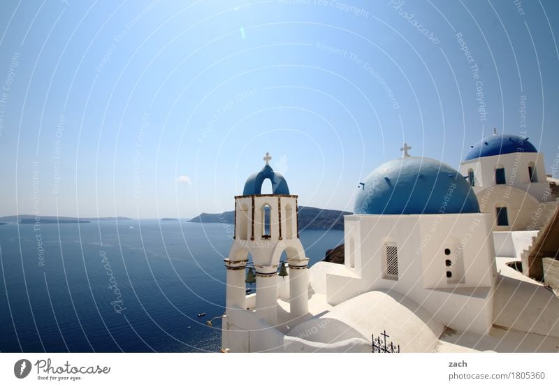 blau machen Ferien & Urlaub & Reisen Natur Wasser Wolkenloser Himmel Schönes Wetter Meer Mittelmeer Ägäis Insel Kykladen Santorin Caldera Oia Griechenland Dorf