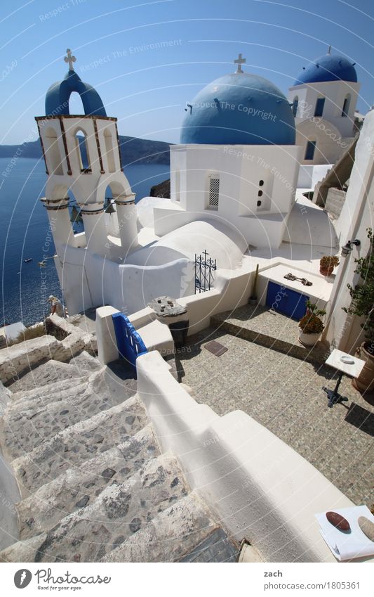 blau machen Ferien & Urlaub & Reisen Natur Wasser Wolkenloser Himmel Schönes Wetter Meer Mittelmeer Ägäis Insel Kykladen Santorin Caldera Oia Griechenland Dorf