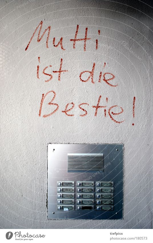 mutti ist die bestie! Haus Mauer Wand Fassade Namensschild Schriftzeichen Schilder & Markierungen Graffiti dunkel trist grau Gefühle Verachtung Wut Frustration