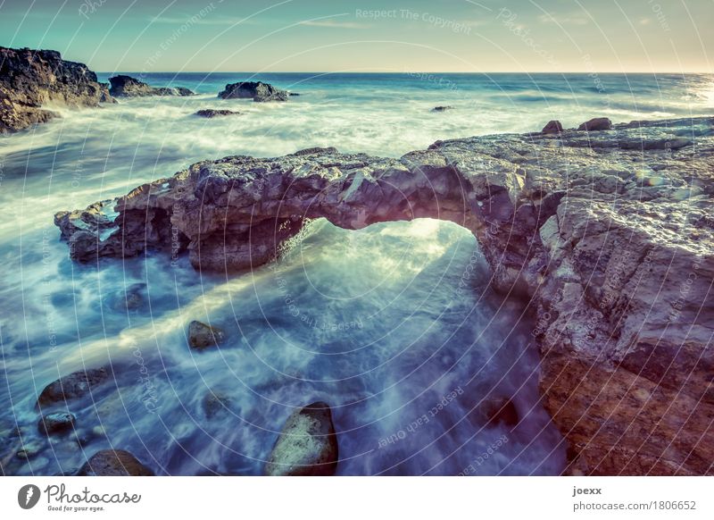 Knochenbrücke Natur Wasser Himmel Horizont Felsen Wellen Küste Meer wild blau braun weiß Naturbrücke Bogen Farbfoto Außenaufnahme Menschenleer Tag