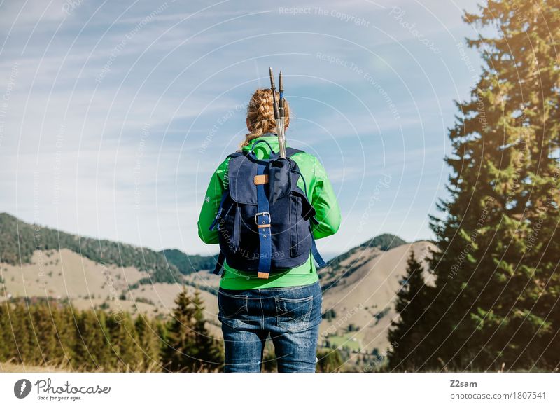 Wandererin wandern feminin 1 Mensch Natur Landschaft Himmel Baum Alpen Berge u. Gebirge Hose Jacke Rucksack Wanderstock genießen stehen warten natürlich Neugier