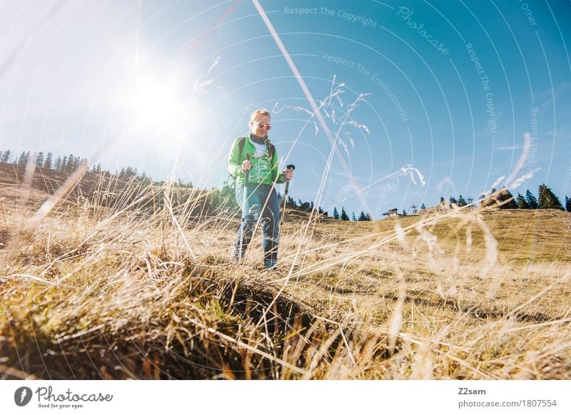 Auf und ab. Berg und Tal. wandern feminin Junge Frau Jugendliche 1 Mensch 18-30 Jahre Erwachsene Natur Landschaft Himmel Gras Hügel Berge u. Gebirge