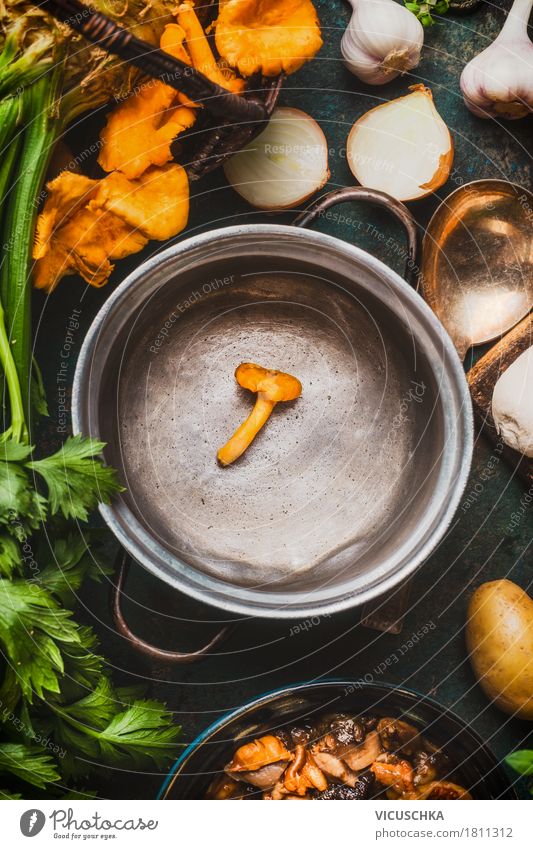 Leere Kochtopf mit Waldpilzen Lebensmittel Gemüse Suppe Eintopf Kräuter & Gewürze Ernährung Mittagessen Abendessen Bioprodukte Vegetarische Ernährung Topf Stil