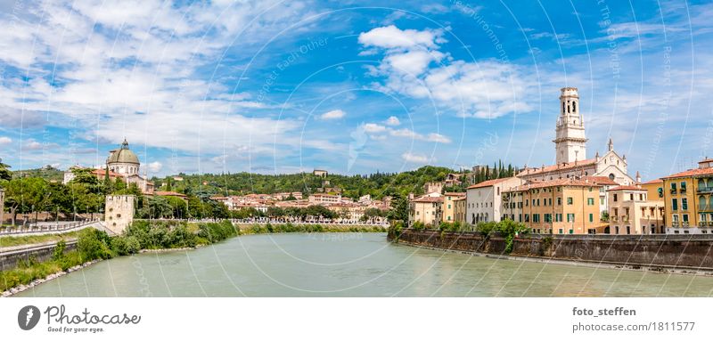 Verona im Sommer Ferien & Urlaub & Reisen Städtereise Sommerurlaub Architektur Wolken Sonnenlicht Fluss Italien Europa Stadt Stadtzentrum Altstadt Skyline Haus