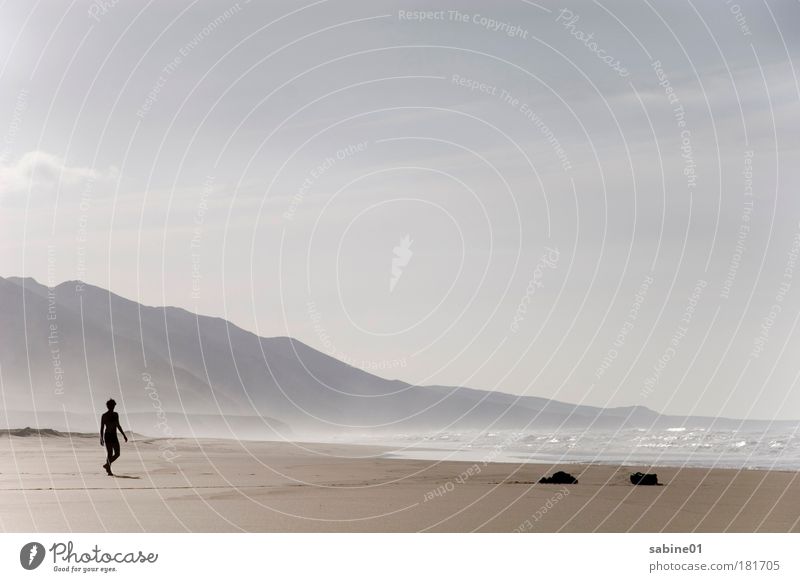 Strandwanderung Farbfoto Außenaufnahme Textfreiraum oben Abend Licht Schatten Kontrast Silhouette Lichterscheinung Sonnenlicht Sonnenstrahlen Totale