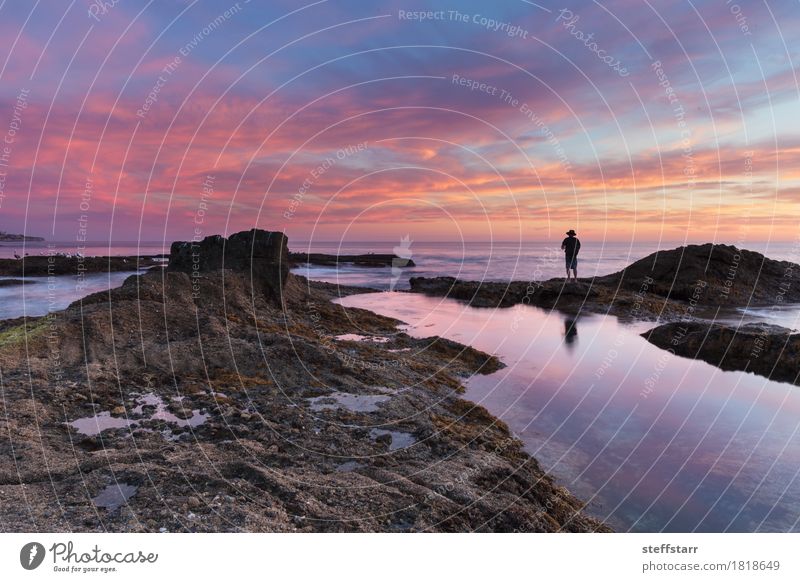 Einsamer Mann auf den Felsen bei Sonnenuntergang Lifestyle Mensch maskulin 1 Natur Landschaft Wasser Himmel Sonnenaufgang Meer Erfolg blau gelb gold violett