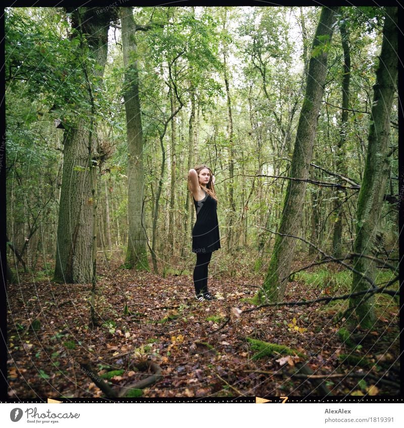 Waldina Leben Ausflug Abenteuer Junge Frau Jugendliche 18-30 Jahre Erwachsene Natur Landschaft Pflanze Schönes Wetter Baum Gras Blatt Kleid Turnschuh brünett