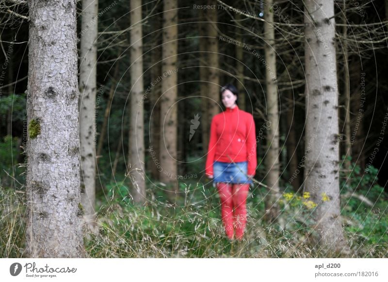 Rotkäppchen Farbfoto mehrfarbig Außenaufnahme Tag Schatten Schwache Tiefenschärfe Ganzkörperaufnahme Blick nach unten Mensch feminin Junge Frau Jugendliche 1