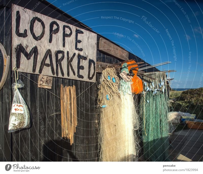 flohmarkt | antikapitalismus Hütte Sammlung alt retro Flohmarkt Second-Hand Laden Fischernetz Dänemark Holzwand Himmel blau Schönes Wetter Reisefotografie