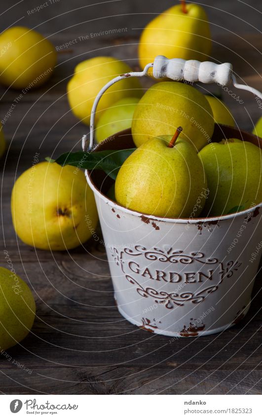 Reife gelbe Birnen in einem Metalleimer auf einem Holztisch Lebensmittel Frucht Dessert Ernährung Essen Vegetarische Ernährung Diät Geschirr Gesundheitswesen