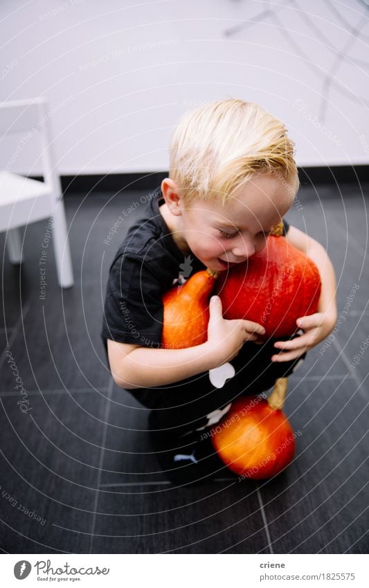 Tragende Kürbise des kleinen Kleinkindjungen für Halloween zu Hause Gemüse Lifestyle Freude Spielen Erntedankfest Junge Kindheit 1-3 Jahre 3-8 Jahre Herbst