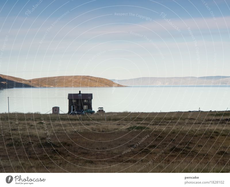 ende eines tages Natur Landschaft Urelemente Erde Wasser Himmel Sonnenlicht Herbst Schönes Wetter Fjord Haus Einfamilienhaus Ferne Unendlichkeit nackt