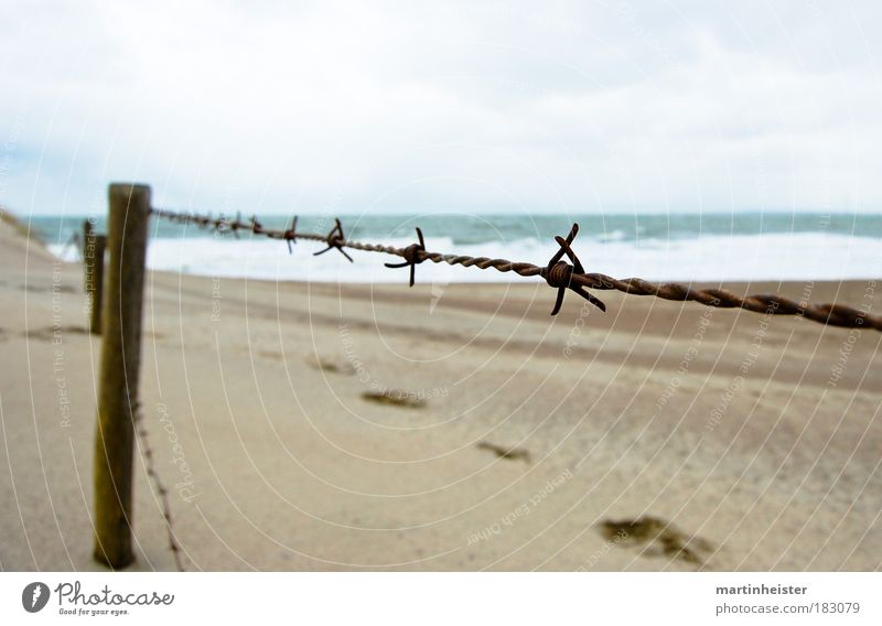 Fence Außenaufnahme Menschenleer Textfreiraum oben Textfreiraum unten Tag Dämmerung Kontrast Sand Himmel Wolken Strand Meer Zaun Stacheldrahtzaun kalt Photocase