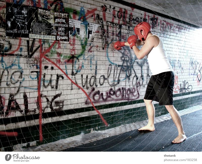 FUCK THE SYSTEM - wenigstens ein bisschen Kampfsport Boxsport Boxhandschuhe Kopfschutz maskulin Junger Mann Jugendliche 1 Mensch Tunnel Unterführung Backstein