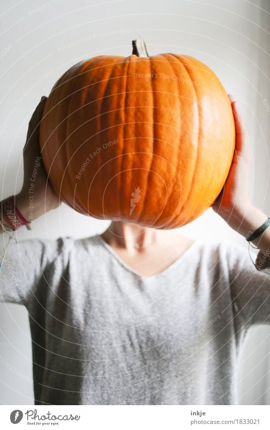 Kürbiskopf jun. Gemüse Kürbiszeit Ernährung Freude Freizeit & Hobby Erntedankfest Halloween Mädchen Junge Frau Jugendliche Kindheit Leben Körper Kopf Oberkörper