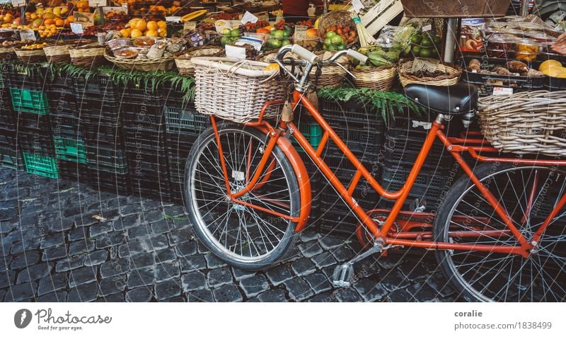 Markttag Marktplatz Stadt Fahrrad Korb rot Marktstand maritim Urlaubsfoto kaufen Bioprodukte Frucht Gemüsemarkt Obstverkäufer Gemüsehändler Kiste Angebot parken