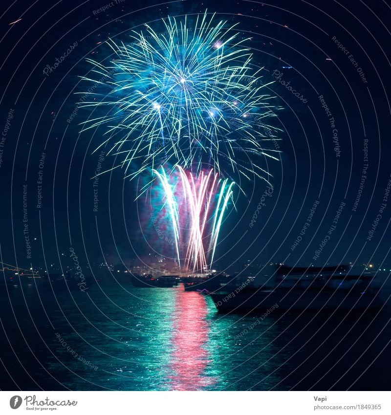 Buntes Feuerwerk über einem See Freude Freiheit Nachtleben Entertainment Party Veranstaltung Feste & Feiern Weihnachten & Advent Silvester u. Neujahr Kunst