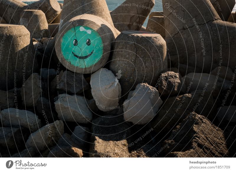 Türkiser Smiley auf einem Wellenbrecher in Aveiro, Portugal Strand Gemälde Wasser Küste Meer Atlantik Beton Zeichen Graffiti Lächeln lachen Glück positiv grün