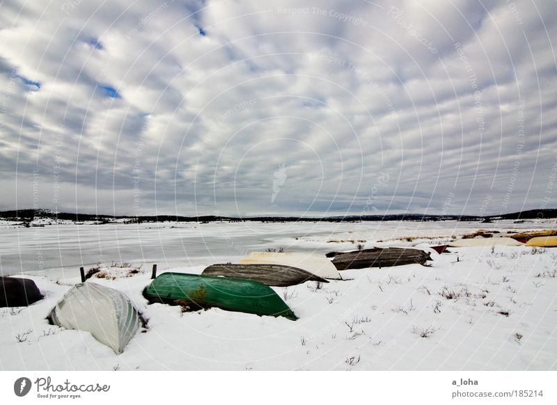 tiefschlaf Landschaft Wasser Himmel Wolken Wetter Eis Frost Schnee Gras Seeufer Schifffahrt Fischerboot Linie alt authentisch einfach Flüssigkeit Unendlichkeit