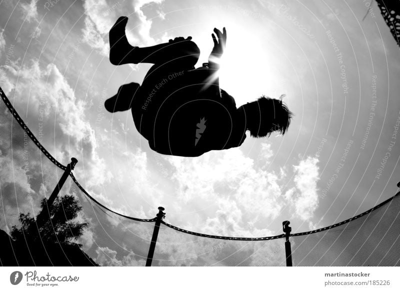 Trampolinsprung maskulin Junger Mann Jugendliche Leben Luft Himmel Wolken Sonne Sonnenlicht Sommer Schönes Wetter Baum Haare & Frisuren fliegen springen