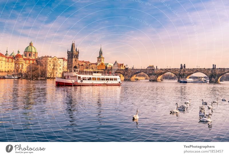 Prag-Stadtbild mit Vltava und Charles Bridge Freude Ferien & Urlaub & Reisen Tourismus Ausflug Sightseeing Architektur Natur Fluss Skyline Brücke Gebäude