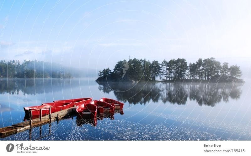 red boat lake fog harmonisch Sinnesorgane Freizeit & Hobby Angeln Expedition Insel Natur Landschaft Wasser Nebel Seeufer außergewöhnlich fantastisch gigantisch