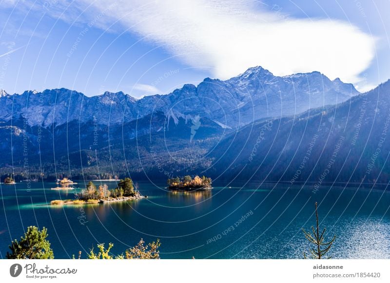 Eibsee Natur Landschaft Pflanze Wasser Schönes Wetter Wald Alpen Berge u. Gebirge Gipfel Schneebedeckte Gipfel Gletscher See Gefühle Stimmung Glück